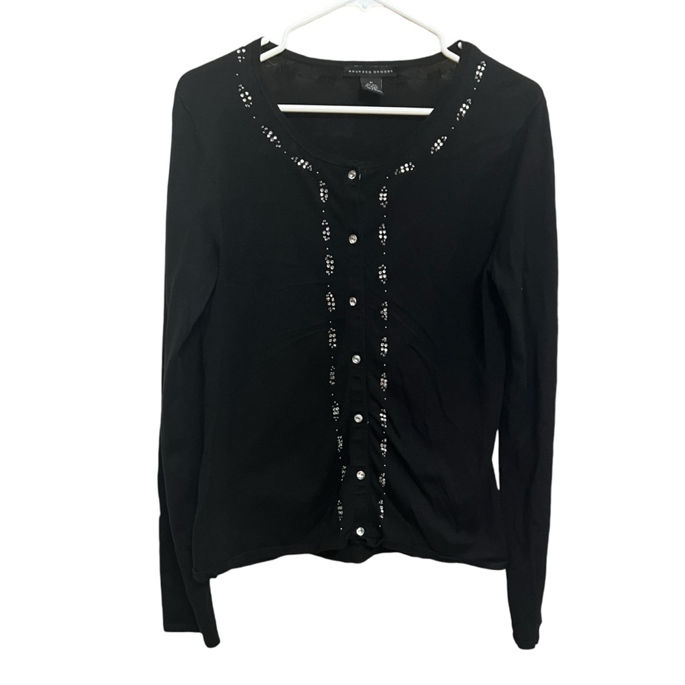 Maurice Sasson Silk Blend Crew Neck Cardigan Rhinestone Detailing Black size M